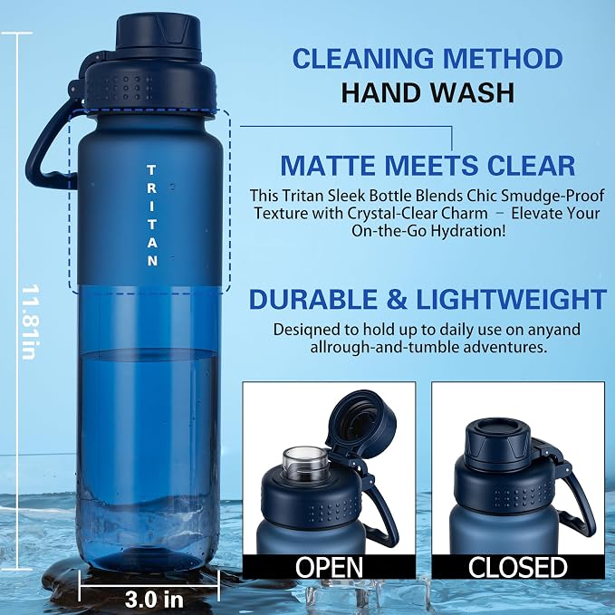 OLDLEY 32oz Water Bottle with Handle, BPA-Free Tritan Reusable Sports Water Bottle with Leak-Proof Dust Lid, Wide Mouth, Cup Holder Friendly, Half Frosted Clear Bottle for Gym, Travel, Work,Navy Blue