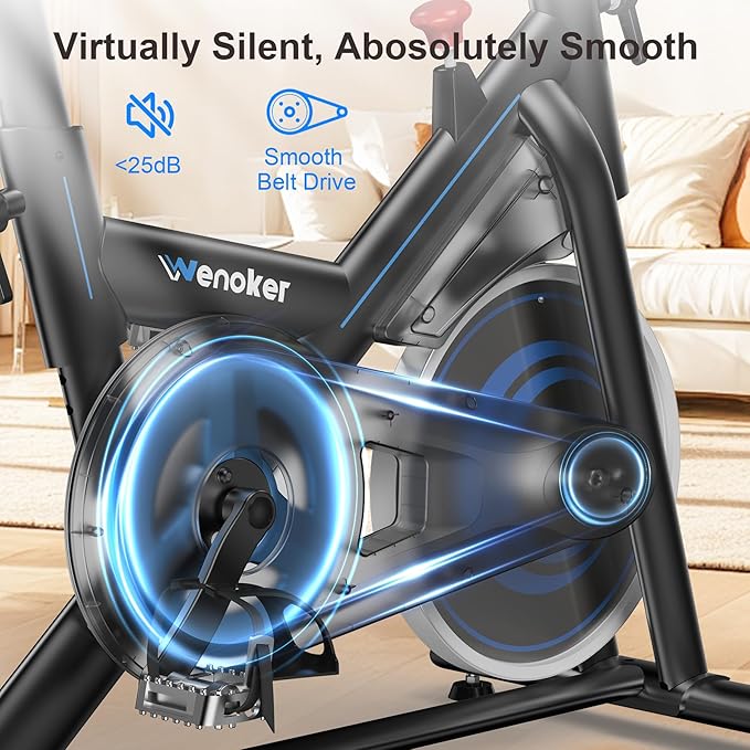 Wenoker Exercise Bike for Home, Magnetic Stationary Bike with App Sync, Indoor Cycling Bike with Adjustable Seat & Handlebar, Quiet Belt Drive, LCD Monitor, Tablet Holder & Transport Wheels for Cardio Workout