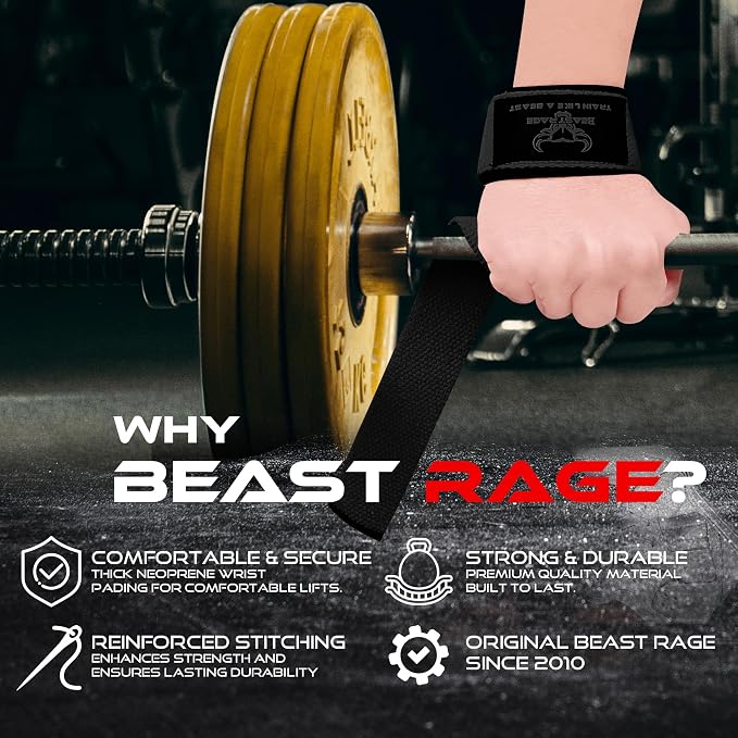 BEAST RAGE Lifting Wrist Straps for Weightlifting, Straps Gym Grip Power Workouts Lifting Straps Padded Neoprene & Premium Cotton Men Women, Deadlift Bodybuilding Exercise Lifting Straps