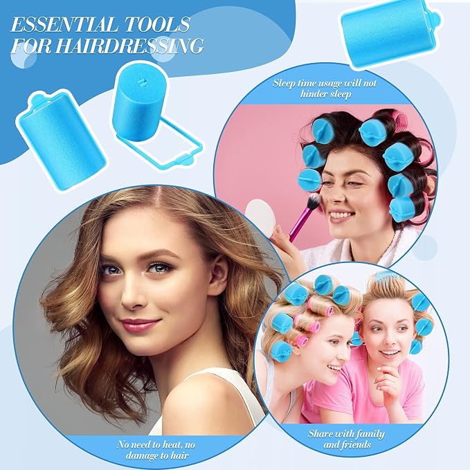 Geyoga 18 Pieces Blue Foam Hair Rollers Large Hair Curlers Sponge Rollers for Heatles to Sleep in a Curl for Women's Short and Long Hairs Styling (1.4 x 2.6 Inches)