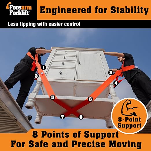 Forearm Forklift Shoulder Harness – Standard - Lift and Move Furniture, appliances, Supports up to 800 lb. Moving Harness Set, 2 Harnesses and 2 Center Straps that are ea 9’4” Long, 1 Pack, Orange