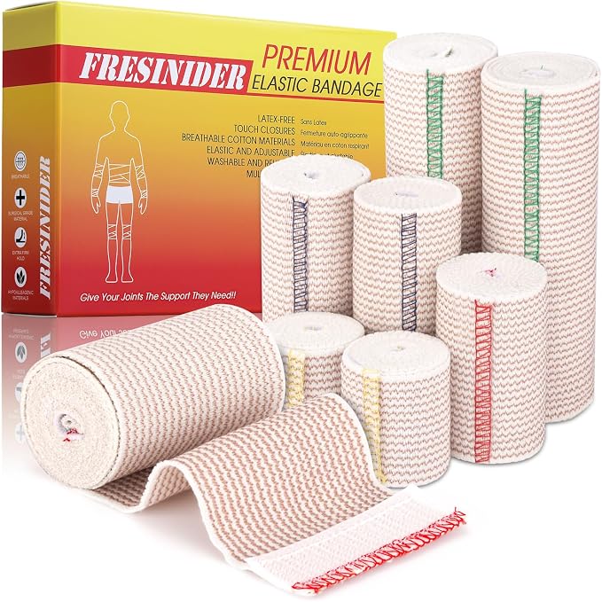 FRESINIDER Premium Elastic Bandage Wrap 8 Pack, 2-6 Inch, Hook and Loop | Assorted-Width Cotton Compression Set Covers Wrist, Ankle, Knee and Thigh; Secure Ends for Full-Body Support and First Aid.