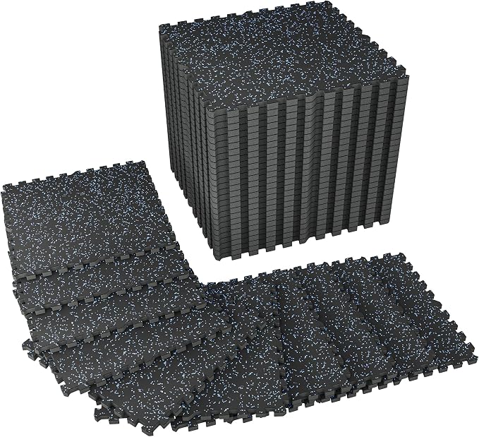 SUPERJARE 1" Extra-Thick Rubber Top Exercise Mat, Puzzle Gym Flooring for Home Gym, Gym Mat for Workout Equipment, Interlocking Floor Tiles with EVA Foam, 36 Pcs 144 Sq Ft, Black/Blue
