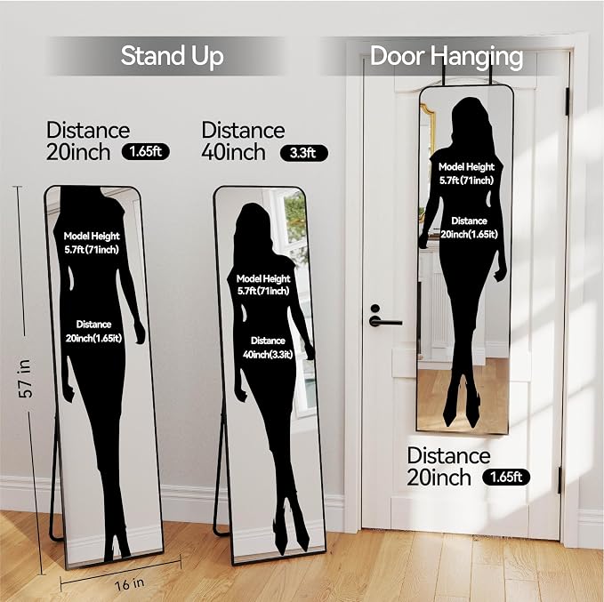SCWF-GZ 57x16 Full Length Mirror Over The Door Hanging, Floor Stand/Wall Mounted Aluminum Alloy Frame Dressing Mirror for Bedroom Living Room 57 inch Black