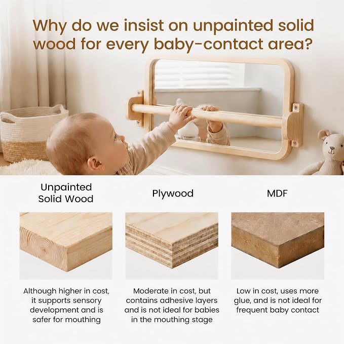 Woodtoe Montessori Mirror with Bar, Tummy Time Floor Mirror Toys for Baby | Baby Pull to Stand Toys, Natural Unpainted Solid Wood Frame, Baby Pull Up Bar, Developmental Toys for Nursery (Small Size)