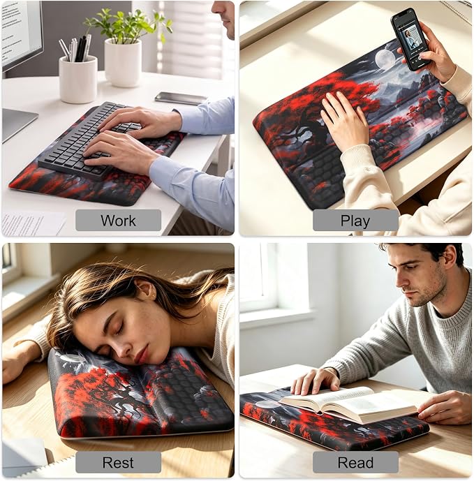 Keyboard Stand with Wrist Rest，Ergonomic Keyboard Riser Holder Lifter Tray | Cherry Blossom Full Moon，Computer Wrist Support Pad，Ergonomic Keyboard stand for desk，Soft Memory Foam Desk Cushion，Non-Slip