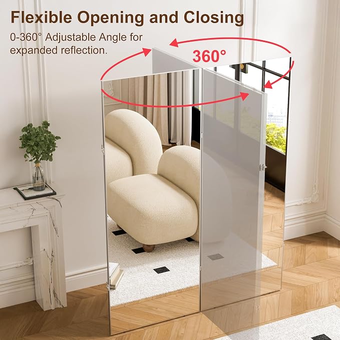 NanoMirror Space-Saving 360° Folding Full Length Mirror, 63" x 55" Ultra-Large Wall Mounted Shatterproof Foldable Design for Home Gym, Yoga, Dance, Fitness Studio, Black
