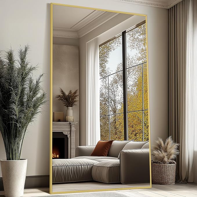 Mirrorons 82"x44" Oversized Full Length Mirror, Floor Standing or Wall Mounted with Hanging Kit, Shatterproof Tempered Glass Mirror for Living Room, Bedroom, Dressing Room, Gym (Gold)
