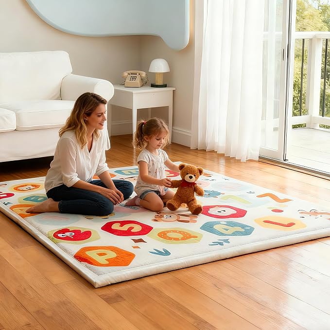 Baby Play Mat for Floor, 71'' x 59'' Thicken Foam Soft Padded Playmat for Tummy Time, Playpen Mat for Toddlers Infant Kids, Water-Repellent Coral Velvet, Non-Slip Bottom Safe for Crawling (Animal)