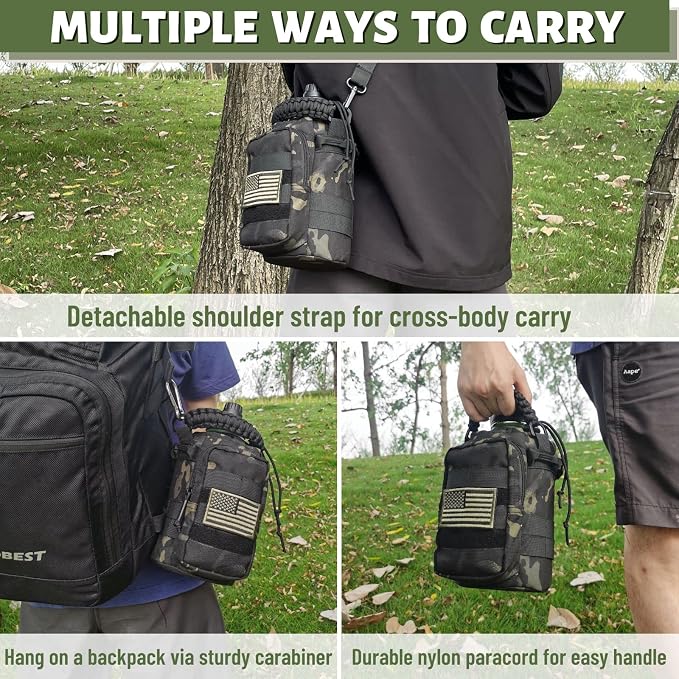 DEFUNX 64 Oz Water Bottle with Sleeve - Military Green Half Gallon Insulated Water Jug with Handle - Stainless Steel Sports Bottle for Gym Workout Hiking Camo Black Pouch