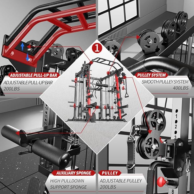 Multi-Purpose Squat Rack,Smith Machine Weight Rack Set with Cable Crossover System, Home Gym Power Racks, Power Racks and Packages