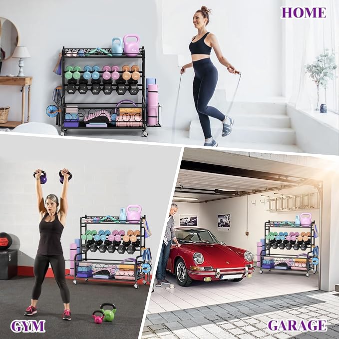 VOPEAK 3-Tier Dumbbell Rack with Wheels, Weight Rack for Home Gym Storage | Stores dumbbells, kettlebells & yoga mats. Lockable wheels for mobility. Sturdy steel frame, easy 15-min assembly