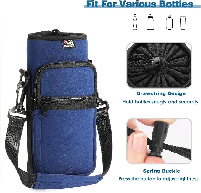 Nuovoware Water Bottle Carrier Bag, 40oz Neoprene Bottle Pouch Holder with Adjustable Shoulder and Hand Strap, 2 Pocket Sling Sleeve for Hiking Travelling Camping Jogging Cycling, Indigo Dark