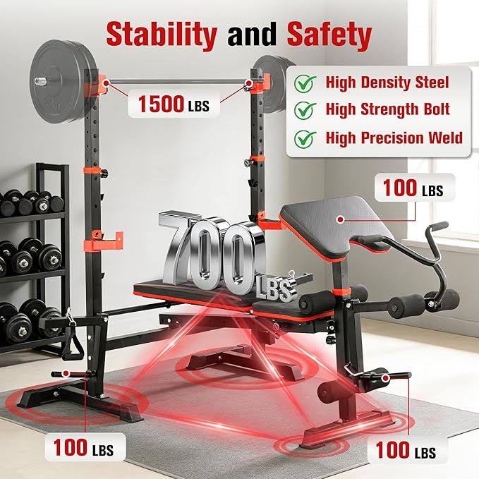 MAIDOMA 8 IN 1 Standard Weight Bench Set with Leg Extension and Leg Curl, Fast Folding & Adjustable Workout Bench for Home Gym,Adjustable Bench Press with Squat Rack.（US Stock）