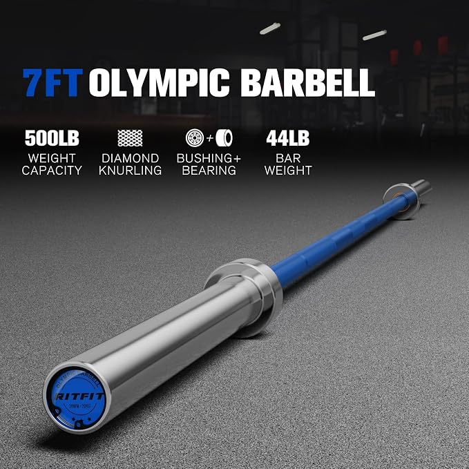 RitFit Elite 7ft Olympic Barbell, Robust 45lb Barbell for Weightlifting and Powerlifting, Superior Olympic Bar with Exceptional 500lbs Load Capacity, Weight Bar for 2” Standard Plates