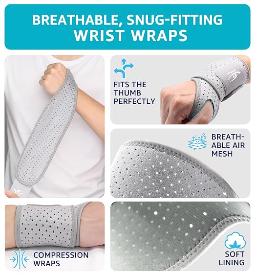 Breathable Wrist Brace (2 Pack) for Relieve Wrist Pain from Carpal Tunnel, Arthritis, Tendonitis, Sprain, TFCC | Adjustable Wrist Wraps Support for Weightlifting, Tennis - Fits All (Gray)