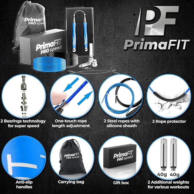 PrimaFIT Pro Speed Jump Rope for Adults, Weighted Skipping Rope for Boxing | Adjustable Jumping Rope for Fitness Workout & CrossFit Exercise, Double Unders, Handle Weights, 3m Cables 2 Protectors, Bag