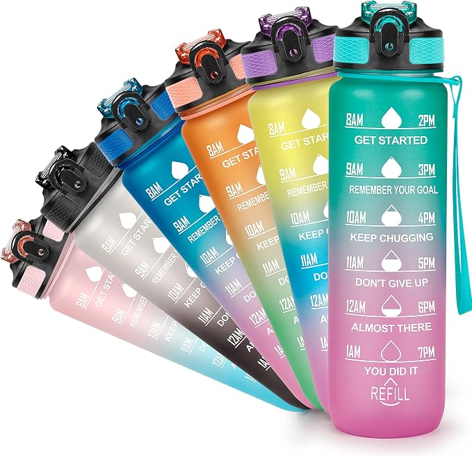 YC Kitchen Motivational Water Bottle with Time Marker - 32oz, Leak-proof BPA Free Sports Water Bottles with Straw & Carrying Strap