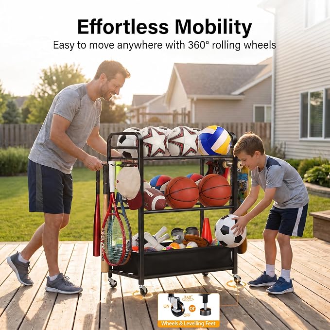 EXTCCT Basketball Rack, Rolling Basketball Shooting Training Stand,Sports Equipment Storage with Wheels, Four-Layer Organizer Holder with Two Basket for Basketballs Footballs Volleyball
