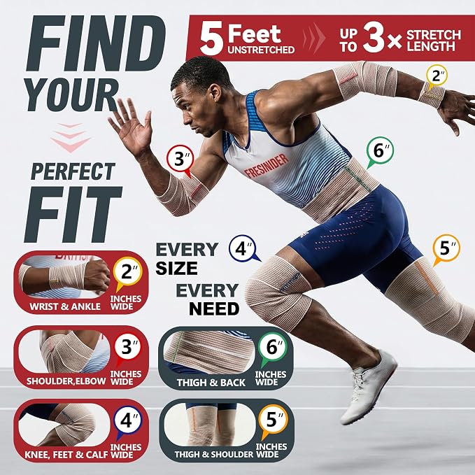 FRESINIDER Premium Elastic Bandage Wrap 8 Pack, 2-6 Inch, Hook and Loop | Assorted-Width Cotton Compression Set Covers Wrist, Ankle, Knee and Thigh; Secure Ends for Full-Body Support and First Aid.