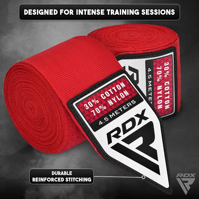 RDX Boxing Hand Wraps 4.5M / 180 Inches – Mexican Style Semi-Elastic MMA Inner Gloves - Wrist Support for Muay Thai, Kickboxing, BJJ, Karate - Thumb Loop & Hook and Loop Closure - Cotton & Nylon Blend