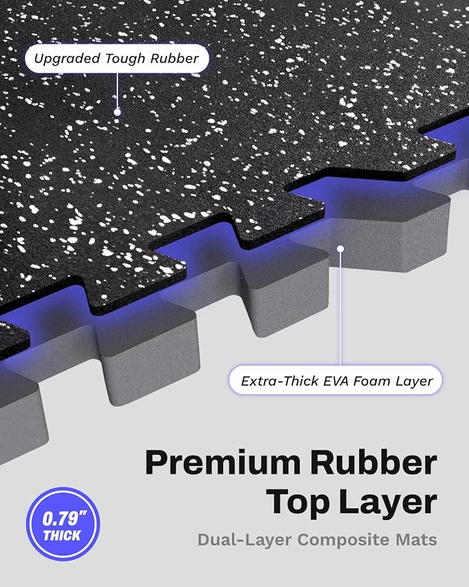 AIRHOP 0.79in Thick 48 Sq Ft Exercise Equipment Mats, 12 Tiles Upgraded Rubber Top with High Density EVA Foam, Large Interlocking Puzzle Gym Flooring for Home Gym, Heavy Weight Workout,Black & White