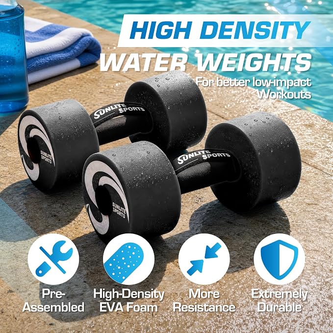Sunlite Sports Water Weights Pool Exercise Dumbbells, Water Aerobic Equipment, High-Density EVA-Foam Dumbbell with Handle Strip, Aqua Therapy, Pool Fitness, Water Exercise, Set of 2