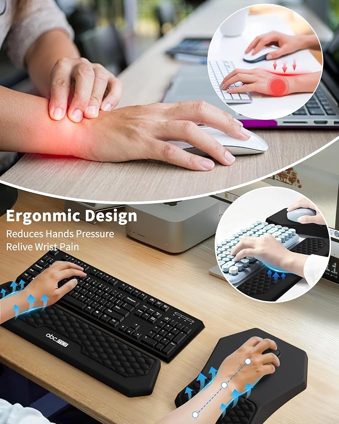 Ergonomic Mouse Pad Wrist Rest and Keyboard Wrist Rest Support Set | Massage Design Mousepad for Carpal Tunnel Pain Relief, Memory Foam, Non-Slip PU Base for Computer Desk, Black