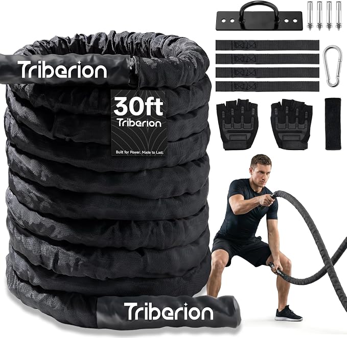 Battle Rope For Home Gym Workout - 1.26 Inch 30ft Heavy Weighted Training Exercise Ropes Fitness Equipment With Sleeve And Anchor Strap Kit For Outdoor Working Out