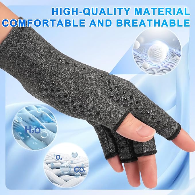 DRNAIETY 2 Pairs Arthritis Compression Gloves- for Hand Arthritis, Carpal Tunnel Pain, Rheumatoid Arthritis, RSI, Fingerless, Anti-Slip, Breathable Gloves for Men & Women, Typing, Daily Use(XL, Gray)