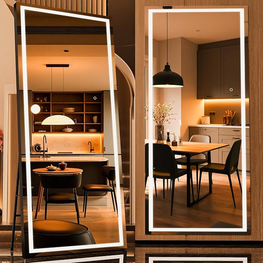 71" x 32" Full Length Mirror with Lights, LED Lighted Floor Standing Body Mirror, Dimmable & 3 Color Lighting for Bedroom, Cloakroom, Dressing Room, Tempered Glass, Black Frame