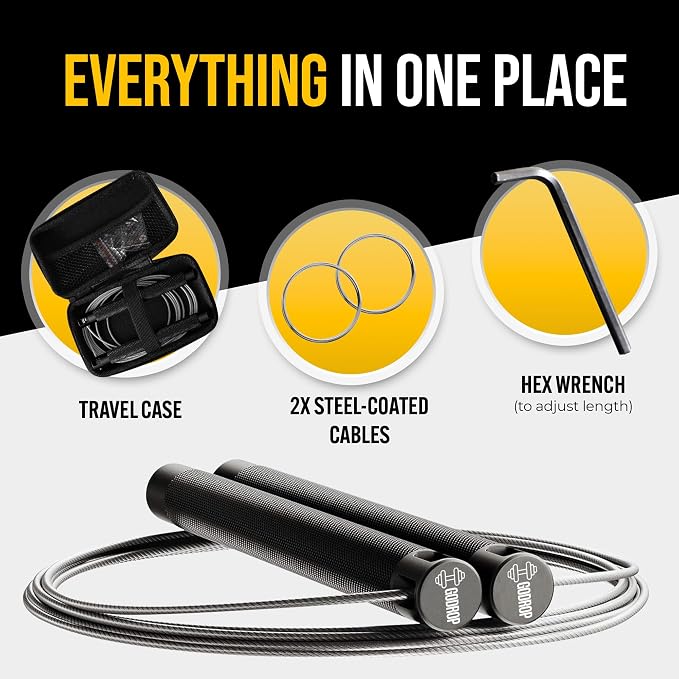 GODROP Jump Rope - Adjustable Speed Jump Rope - 2x Steel Coated Ropes, Carrying Case - Aluminum Anti Slip Handles with Double Ball Bearings for Double Unders, CrossFit, Boxing & Home Workout for Men & Women