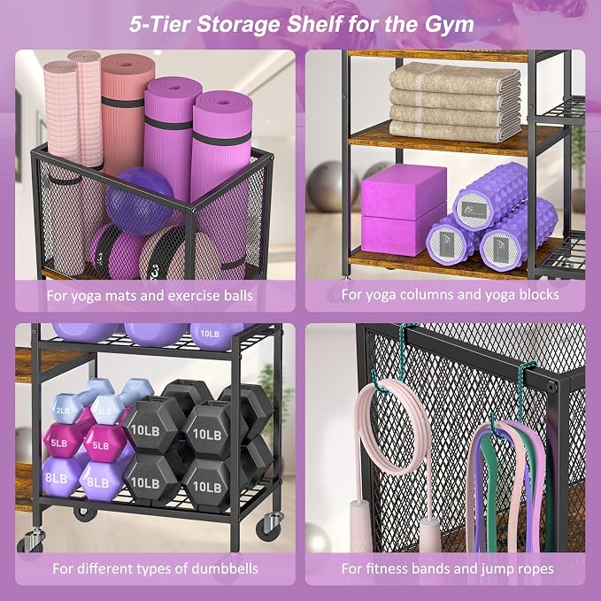Dumbbell Rack, Yoga Mat Storage Holder, Home Gym Storage Rack, Workout Equipment Storage Organizer, Weight Storage Holder Rack with Hooks and Wheels