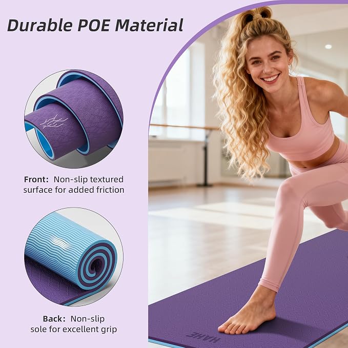 HAHE Wide Yoga Mat 72"x32"x0.4" Thick Pilates Mat with Carrying Strap | Exercise Mats for Home Workout, Wide Non-slip Exercise Mats, Double-Sided POE Fitness Mat for Yoga, Pilates & Travel