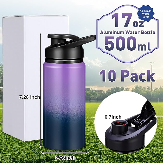 Mimorou 10 Pack Aluminum Water Bottles Bulk 17oz Reusable Leak-Proof Lightweight Sport Bottles Set for Travel Gym Team Camping & Party Favors, 10 Colors