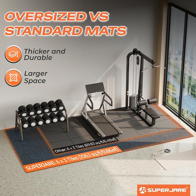 SUPERJARE 30" x 30" Larger Rubber Top Exercise Equipment Mats, 0.56" Thick 18PCS 112.5 Sq Ft High-Density EVA Foam Interlocking Gym Flooring, Big Workout Mat for Home Gym, Floor Protection, Black/Blue