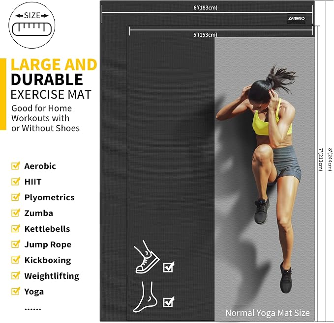 CAMBIVO 8'x6'/7'x5'/6'x4' Large Exercise Mat Workout Mat for Home Gym, 7mm | High-density PVC, cushioned surface, non-slip bottom, for jump rope and weights, floor protection, easy to store