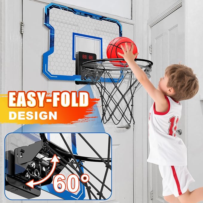 Indoor Basketball Hoop for Kids with Electronic Scoreboard, Over The Door Mini Basketball Hoop with 4 Game Modes, Breakaway Rim, 3 Balls & Pump, Basketball Toy Gift for Boys Girls Ages 6-12