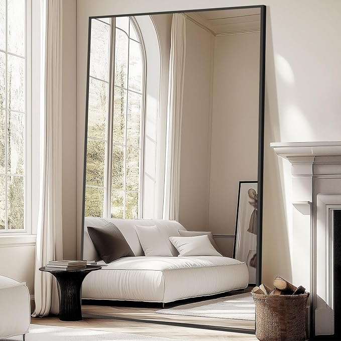 MirrMuse Oversized Standing Mirror Full Length, 76"X44" Extra with Stand | Hanging or Wall Mounted, Black, Large Full Body, for Gym Bedroom Living Room Clothing Store, Tempered Glass