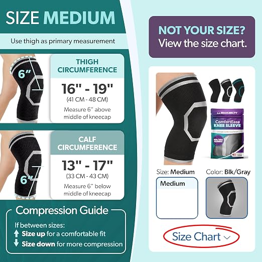 BraceAbility Knee Compression Sleeve for Women and Men - ComfortEase Knee Pain Brace Support for Arthritis, Swelling, Joint Stiffness, Recovery, All-Day Comfort and Relief (M - Black/Gray)