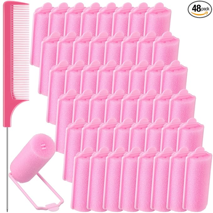 Syhood 48 Pcs Foam Hair Rollers for Overnight Styling Flexible Sponge Heatless Curlers and Rat Tail Comb for Short/long Hairs Women Hairdressing Styling(Pink,0.98 inch)