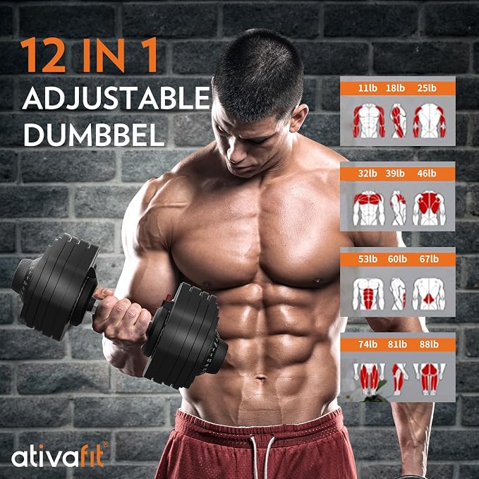 ATIVAFIT Adjustable Dumbbells Set, 5–88LB Quick Adjust Free Weights with Double Safety Lock & Anti-Slip Steel Handle, Space Saving Home Gym Equipment for Full Body Strength Training