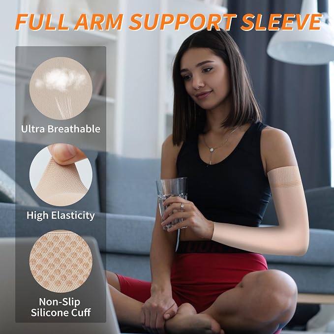 Hiball Lymphedema Medical Compression Arm Sleeve for Men Women, 20-30 mmHg Graduated Compression Full Arm Support with Silicone Band, Long Circulation Pressure Arm Brace for Arthritis, Bursitis, Edema