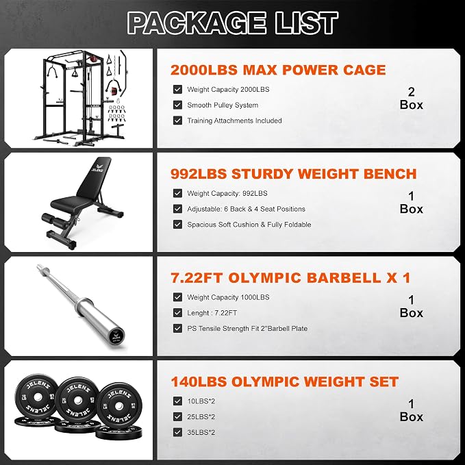 JELENS S21 Power Cage, Multi-Function Power Rack with Adjustable Cable Crossover System, 2000LBS Squat Rack for Home Gym with More Training Attachments