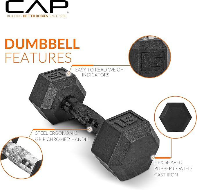 CAP Rubber Coated Hex Dumbbell Set with Storage Rack | 100–210 lb Options, Space-Saving Vertical Compact Storage for Home Gym Strength Training