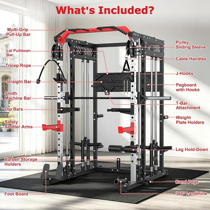 XDDIAS Smith Machine with Power Rack, 2300LBS Home Gym System with Dual Pulley Cable Crossover, Squat Rack with LAT Pulldown, Adjustable Power Cage for Strength Training, Full Body Workout Equipment