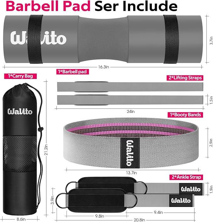 WALITO 8Pcs Barbell Pad Set for Hip Thrust - Squat Pad,Gym Accessories for Women with Bar Bad,Bench Press, with Gym Ankle Straps,Resistance Bands for Working Out,Lifting Strap,Carry Bag