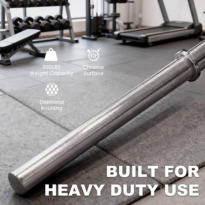 Available in 5FT and 7FT, Straight Barbell Bar, 1-Inch Standard Diameter, Alloy Steel, Black Finish, 300LBS Weight Capacity, Chrome Surface, Diamond Knurling, Anti-Skid Grip,