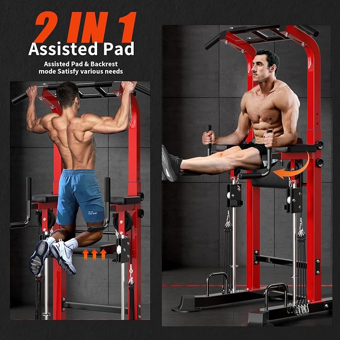 SogesHome Power Tower Pull Up Bar Station Height Adjustable Assistive Rack | Multi-Function Strength Training Equipment Full Body Workout Machine, Freestanding Push Up Dip Stand for Home Gym Exercise