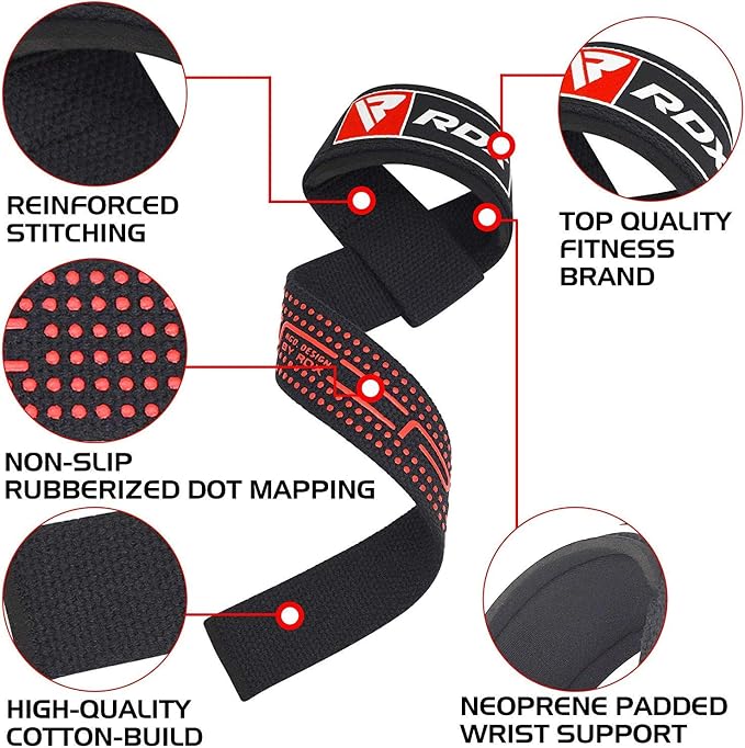 RDX Lifting Straps for Weightlifting –100% Cotton Heavy Duty Gym Wrist Strap with 5MM Neoprene Padding, 60CM Anti-Slip Hand Grip Wraps for Deadlifts Powerlifting Workouts Strength Training, Men Women